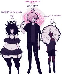  1boy 1girl 1other @_@ absurdres afro angelbite_(piercing) antenna_hair ash_kinoshita bailey_lovell black_hair black_pants black_thighhighs bloomers bra bra_peek crop_top curly_hair dark-skinned_female dark_skin dreamalgia eyeshadow goth_fashion hair_ears height highres makeup navel original pale_skin pants pastel_goth pear-shaped_figure petite pink_hair plump shirt short_hair shorts sketch smile snakebite_(piercing) socks standing t-shirt thigh-highs thighs too_many_piercings underwear valentine_beckett very_curly_hair very_dark_skin wide_hips 