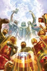  alex_ross arc_reactor armor avengers_(series) black_panther_(marvel) black_panther_(series) blonde_hair blue_bodysuit bodysuit captain_america captain_america's_shield captain_america_(series) closed_mouth hammer hank_pym hawkeye_(marvel) hulk iron_man janet_van_dyne long_hair marvel multicolored_armor multiple_boys pietro_maximoff power_armor red_tiara scarlet_witch shield short_hair star_(symbol) steve_rogers striped_bodysuit superhero_costume the_incredible_hulk_(series) thor_(marvel) thor_(marvel)_(series) tony_stark vertical-striped_bodysuit vision_(marvel) wanda_maximoff wasp_(marvel) yellow_armor 