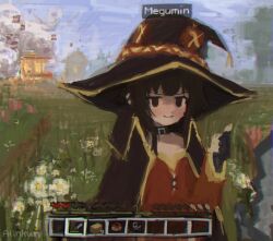  1girl alinkun artist_name black_gloves blush brown_eyes brown_hair cape character_name choker closed_mouth commentary day english_commentary explosion explosive fingerless_gloves flower gloves gold_trim hand_up hat highres kono_subarashii_sekai_ni_shukufuku_wo! large_hat long_sleeves looking_at_viewer megumin minecraft outdoors red_shirt shirt short_hair_with_long_locks sidelocks smile solo thumbs_up tnt tnt_block_(minecraft) upper_body witch_hat 
