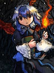  bare_tree blue_hair book dade_ne highres holding holding_book holding_torch multicolored_hair one-hour_drawing_challenge shirt small_horns straight-on streaked_hair tokiko_(touhou) torch tree two-tone_hair white_shirt 