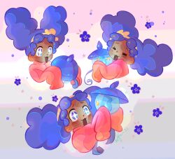  +_+ 1girl :3 =_= ^_^ afro_puffs big_hair blue_fire blush child closed_eyes commentary dark-skinned_female dark_skin dated english_commentary expressive_hair fire flower hairband highres holding holding_pokemon lampent long_hair multiple_views open_mouth pokemon pokemon_(anime) pokemon_(creature) poketoon purple_hair signature sleeves_past_fingers sleeves_past_wrists smile sofkloster vashti_(pokemon) violet_eyes yellow_hairband 