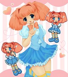 1girl 2000s_(style) absurdres artist_name blue_eyes blue_shirt blue_shoes blue_skirt blue_trim blue_vest border bow bowtie chibi chibi_inset commentary frilled_skirt frills heart highres lace lace_border mary_janes mortchine multiple_views orange_bow orange_bowtie orange_hair ornate_border pointing regretevator roblox shirt shoes short_twintails skirt stat_(regretevator) striped_background striped_clothes striped_thighhighs thighhighs twintails vest