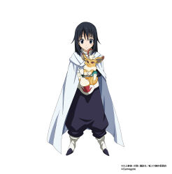  1girl aged_down aqua_trim artist_request black_eyes black_hair black_pants black_shoes child cloak closed_mouth copyright_name copyright_notice creature facial_mark full_body gloves hair_between_eyes highres holding holding_creature izawa_shizue long_hair long_sleeves looking_at_viewer official_alternate_costume official_art pants shirt shoes simple_background smile solo standing straight_hair tensei_shitara_slime_datta_ken tensei_shitara_slime_datta_ken:_makoku_renpou_souseiki third-party_source white_background white_cloak white_gloves white_shirt white_shoes 