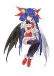  asymmetrical_wings bell black_legwear blue_hair christmas collar dizzy guilty_gear hair_bell hair_ornament hair_ribbon long_hair looking_at_viewer red_eyes ribbon santa_boots santa_costume simple_background sitting thighhighs wanko_(pixiv) wings 