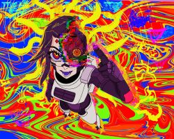  1girl acid_trip android body_armor colored_tongue cyberpunk exposed_internal_machinery fang forehead_jewel glitch highres kolibri_(signalis) mechabare mechanical_legs purple_tongue ringed_eyes robot_girl signalis skin_fang skin_seams solo 