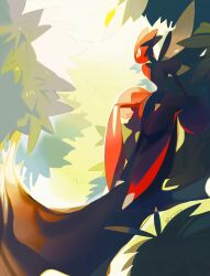  bug commentary grass highres in_tree insect_wings looking_down metal_skin no_humans pincers pokemon pokemon_(creature) pokemon_focus scizor sitting sitting_in_tree tree untranslatable_commentary user_mgxg3738 wings yellow_eyes 