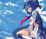  blue_hair bow cirno dress fuukadia_(narcolepsy) govurin hair_bow open_mouth red_eyes short_hair sky solo touhou wings 