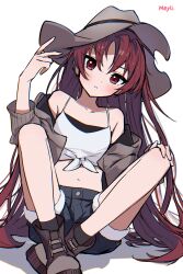 1girl absurdres artist_name bare_shoulders black_shorts brown_shoes chinese_commentary closed_mouth commentary_request crossed_legs grey_hat hand_on_own_knee hand_up hat highres jacket jacket_partially_removed long_hair looking_at_viewer mahou_shoujo_madoka_magica mahou_shoujo_madoka_magica_(anime) mitsureki_meyli red_eyes red_hair sakura_kyoko shoes shorts simple_background sitting solo very_long_hair white_background