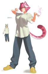  1girl :3 animal_ears arichuu_u artist_name blush breasts bubble closed_mouth commentary cosplay crocs drinking_straw english_commentary eyelashes full_body grey_pants highres holding holding_drinking_straw hololive hololive_english large_breasts looking_at_viewer multicolored_hair panther_ears panther_girl panther_tail pants paw_pose pink_hair pink_tail raora_panthera reference_inset sandals satou_yaniko satou_yaniko_(cosplay) shirt short_hair short_sleeves simple_background smile solo standing streaked_hair tail virtual_youtuber white_background white_shirt yani_neko yellow_eyes yellow_sandals 