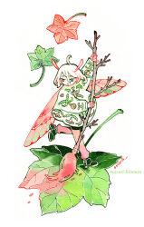  1girl ahoge antennae fairy fairy_wings floral_print green_eyes hair_between_eyes leaf maruti_bitamin mini_person minigirl original paint paintbrush painting_(action) painting_(medium) pants pink_pants shoes short_hair signature stick traditional_media watercolor_(medium) white_background white_hair wings 