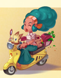  1girl afro amg192003 bow carrot closed_eyes commentary_request dark-skinned_female dark_skin dog eating headband lenora_(pokemon) lillipup lipstick long_skirt makeup motor_vehicle motorcycle on_motorcycle patrat pokemon pokemon_(creature) shirt skirt spring_onion white_bow white_shirt 