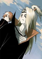  2boys akatsuki_uniform blue_eyes closed_mouth collarbone deidara_(naruto) fishnet_top fishnets forehead_protector gamppan9 highres long_hair looking_to_the_side male_focus multiple_boys naruto_(series) naruto_shippuuden red_eyes sasori_(naruto) sky upper_body 