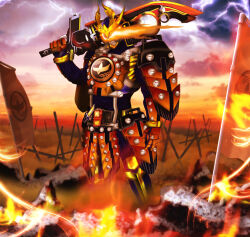  1boy armor armored_bodysuit banner battle_standard blue_bodysuit bodysuit commentary_request eye_trail glowing glowing_eyes gold_horns hinawadaidai-dj-ju holding holding_sword holding_weapon japanese_armor kachidoki_lockseed kachidokibata kamen_rider kamen_rider_gaim kamen_rider_gaim_(kachidoki_arms) kamen_rider_gaim_(series) light_trail lockseed murahigeya orange_armor orange_eyes over_shoulder rider_belt samurai sengoku_driver solo sword sword_over_shoulder tokusatsu war_banner weapon weapon_over_shoulder 