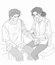  1boy 1girl absurdres applying_bandages bandaged_arm bandages bandaid bandaid_on_arm bandaid_on_face bandaid_on_hand chair collared_shirt commentary_request curly_hair greyscale hair_bun hands_on_another's_arm hetero highres jewelry keoseuly korean_commentary long_sleeves marvel michelle_"mj"_jones monochrome necklace on_chair one_eye_closed pants peter_parker scar scar_on_face shirt short_hair sitting sleeves_rolled_up spider-man:_brand_new_day spider-man_(series) sweatdrop t-shirt very_short_hair white_background 
