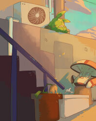  73sitimi air_conditioner amoonguss city closed_eyes commentary_request highres looking_up mushroom no_humans plant poke_ball_theme pokemon pokemon_(creature) pokemon_focus potted_plant sharp_teeth stairs teeth trash_bag trubbish urban 