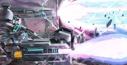  2girls aris_(blue_archive) blue_archive blue_eyes blue_hair blue_hairband blue_halo blue_necktie collared_shirt commentary_request debris energy_beam energy_cannon exocet_(exocet4) exoskeleton firing floating_hair from_side gun hairband halo head-mounted_display highres holding holding_gun holding_weapon jacket leotard long_hair looking_ahead mecha multiple_girls necktie robot rotary_cannon shirt toki_(abi-eshuh)_(blue_archive) toki_(blue_archive) weapon white_jacket white_shirt 