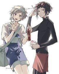  2boys akutagawa_ryuunosuke_(bungou_stray_dogs) bottle bungou_stray_dogs commentary_request eyewear_on_head grey_hair highres holding holding_bottle holding_spoon male_focus multiple_boys nakajima_atsushi_(bungou_stray_dogs) red_shorts shirt short_hair shorts sidelocks simple_background single_sidelock spoon t-shirt totomuraakat translation_request twitter_username white_background white_shirt 