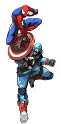  2boys absurdres bodysuit captain_america captain_america's_shield captain_america_(series) gatlingart highres looking_at_viewer male_focus marvel marvel_tokon:_fighting_souls mask multicolored_bodysuit multiple_boys red_bodysuit shield spider-man spider-man_(series) spider_web_print striped_bodysuit superhero_costume two-tone_bodysuit 