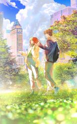  1boy 1girl absurdres brown_hair city clouds green_eyes highres hood jacket jean_grey long_hair marvel orange_hair park peter_parker red_hair short_hair sky smile spider-man:_brand_new_day spider-man_(series) w2rom x-men 