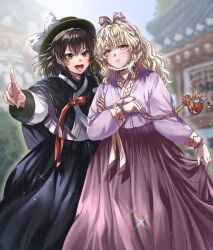  2girls :d alternate_costume architecture black_eyes black_hair black_hanbok black_hat blonde_hair blurry blurry_background bow braid closed_mouth commentary_request cowboy_shot east_asian_architecture hair_between_eyes hanbok hat hat_bow highres holding holding_sack korean_clothes kuya_(hey36253625) long_sleeves maribel_hearn multiple_girls open_mouth pink_hanbok pointing pointing_at_viewer sack side_braid single_braid smile touhou usami_renko v-shaped_eyebrows white_bow yellow_eyes 