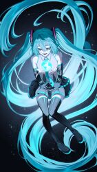  1girl absurdly_long_hair aqua_eyes aqua_hair aqua_nails aqua_necktie bare_shoulders black_boots black_skirt black_sleeves boots collared_shirt commentary detached_sleeves dyalexa earth_(planet) fingernails full_body grey_shirt hair_between_eyes hair_intakes hair_ornament hatsune_miku highres long_hair nail_polish necktie number_tattoo open_mouth piano_print planet pleated_skirt shirt shoulder_tattoo skirt sleeveless sleeveless_shirt solo sparkle star_(sky) tattoo teeth thigh_boots tie_clip very_long_hair vocaloid wide_sleeves wing_collar zettai_ryouiki 