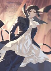  1boy akutagawa_ryuunosuke_(bungou_stray_dogs) ascot belt black_belt black_coat black_hair bungou_stray_dogs closed_mouth clouds coat dated from_below hand_in_pocket happy_birthday highres male_focus sidelocks sky solo totomuraakat twitter_username white_ascot 