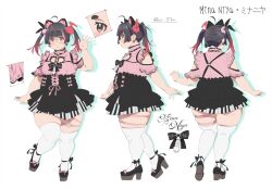  1girl ahoge animal_ears ankle_bow belt_collar black_bow black_dress black_hair black_shoes blunt_bangs bow cat_ears character_name choker collar dress dress_bow dress_ribbon earrings english_commentary english_text fat frilled_choker frilled_dress frilled_sleeves frills from_behind from_side full_body glasses gradient_hair hair_ornament high_heels highres indie_virtual_youtuber jewelry jirai_kei light_blush long_hair looking_ahead looking_at_viewer mina_niya multicolored_hair multiple_views musical_note musical_note_hair_ornament pink_bow pink_choker pink_dress pink_ribbon red_eyes red_hair reference_sheet ribbon round_eyewear shoes short_dress simple_background skindentation standing standing_on_one_leg straight-on straight_hair thick_arms thick_eyebrows thigh-highs thigh_strap tomatomagica triangle_mouth twintails two-tone_dress two-tone_hair virtual_youtuber watanabe_akio_(style) white_background white_thighhighs wide_hips 