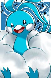  altaria beak bird blue_eyes commentary_request feathers fluffy highres looking_at_viewer melu33135 no_humans open_mouth pokemon pokemon_(creature) pokemon_move sing_(pokemon) white_feathers 