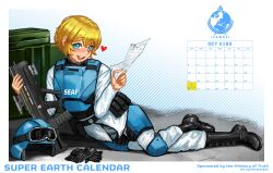  1girl absurdres ammunition_box ammunition_pouch artist_name assault_rifle black_gloves blue_eyes breasts bulletproof_vest bullpup c-01_permit_(helldivers) calendar_(medium) cuisses dated gloves goggles goggles_on_headwear gun heart helldivers_(series) helmet highres holding holding_paper khester824 knee_pads looking_at_viewer magazine_(weapon) paper pinup_(style) pouch propaganda rifle seaf_soldier_(helldivers) short_hair small_breasts smile solo swimsuit unworn_headwear unworn_helmet weapon 