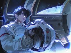  2boys astronaut black_hair black_shirt closed_eyes collared_shirt commentary curen196075 finger_to_mouth head_tilt helmet highres kim_dokja male_focus multiple_boys omniscient_reader's_viewpoint reflection shirt short_hair shushing sidelighting smile space space_helmet spacecraft_interior spacesuit untranslatable_commentary yoo_joonghyuk 