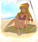  barefoot beach bikini blonde_hair error erubo feet hat long_hair purple_eyes sitting solo swimsuit touhou umbrella yakumo_yukari 