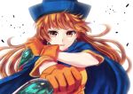  bad_id cape dragon_quest dragon_quest_iv dual_wielding earrings face foreshortening gloves hat jewelry nunucco orange_eyes orange_hair outstretched_arm portrait short_sleeves simple_background 