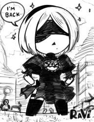  1girl 2b_(nier:automata) artist_name black_dress black_gloves black_hairband black_thighhighs blindfold boots breasts chibi clothing_cutout covered_eyes dress english_text gloves hairband highres juliet_sleeves leotard long_sleeves mole mole_under_mouth monochrome nier:automata nier_(series) puffy_sleeves rave_vii short_hair solo speech_bubble thigh-highs white_hair 