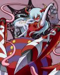  1girl arachnemon arai_nobu arm_braces arm_up blue_hair claws demon_girl digimon digimon_adventure_02 digimon_adventures_02 earrings fur grin horns jewelry long_hair mask monster_girl multiple_legs oversize_forearms silver_hair smile smirk solo spider spider_girl tentacle web yellow_eyes 