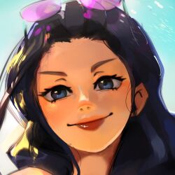  1girl black_hair blue_eyes blush close-up closed_mouth commentary eyelashes eyewear_on_head kyneonpy long_hair making-of_available nico_robin one_piece purple-tinted_eyewear red_lips smile solo tinted_eyewear 