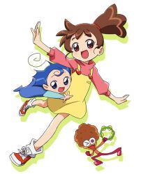  >_o 1girl 2boys :d afro ahoge arai-san_(kasumin) bad_id bad_twitter_id blue_eyes blue_hair blue_overalls blue_shirt brown_eyes brown_hair child dress drop_shadow haruno_kasumi_(kasumin) heart_ornament high_side_ponytail holding holding_instrument holding_tambourine instrument kasumin looking_at_viewer mini_person miniboy multiple_boys one_eye_closed open_mouth overalls pinafore_dress pink_sweater red_eyes red_shoes ryuunosuke_(kasumin) shirt shoes side_ponytail simple_background sleeveless sleeveless_dress smile socks sweater tambourine white_socks yellow_background yellow_dress yoko.u 
