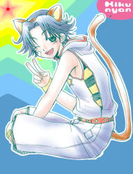  1boy :d ;d animal_ear_hairband animal_ears armpit_crease bandaid bandaid_on_face bandaid_on_knee bandaid_on_leg belt between_legs blush cat_boy cat_ears cat_tail character_name commentary_request curtained_hair fake_animal_ears fingernails from_side full_body grey_hair hairband hand_between_own_legs hand_up hood hood_down hoodie indian_style kemonomimi_mode kikumaru_eiji looking_at_viewer male_focus motion_lines one_eye_closed outline parted_bangs print_belt rainbow_background raised_eyebrows red_belt red_trim ryu-masamune short_hair shorts sitting sleeveless sleeveless_hoodie slouching smile solo star_(symbol) star_print tail tail_raised tareme tennis_no_ouji-sama v white_hoodie white_outline white_shorts 