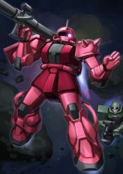  absurdres army asteroid bazooka_(gundam) cable commentary_request debris gun gundam highres machine_gun matsumoto_(ma_tsuya) mecha mecha_focus mobile_suit mobile_suit_gundam nebula no_humans one-eyed_mecha radio_antenna robot scene_reference science_fiction scope shield space star_(sky) thrusters weapon zaku_ii zaku_ii_s_char_custom zeon zero_gravity 