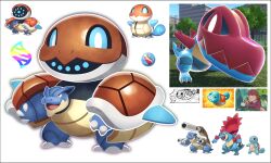  anime_screenshot_inset blastoise bright_pupils claws comic_panel_inset commentary english_commentary fakemon feraligatr full_body fusion game_screenshot_inset glowing_shark highres mega_blastoise mega_evolution_symbol mega_feraligatr mega_pokemon mega_stone miranda_(pokemon_rs044) nostrils official_art_inset open_mouth pokemon pokemon_(anime) pokemon_(creature) pokemon_adventures pokemon_focus pokemon_legends:_z-a pokemon_tcg pokemon_the_series:_ruby_and_sapphire red_eyes reference_inset screenshot_inset simple_background squirt_bottle_(pokemon) squirtle white_background white_pupils 