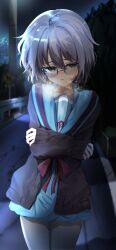  1girl blue_sailor_collar blue_skirt blush breath brown_cardigan brown_eyes cardigan cold glasses highres kita_high_school_uniform nagato_yuki open_cardigan open_clothes purple_hair road sailor_collar sasai_tuki school_uniform serafuku short_hair skirt street suzumiya_haruhi_no_shoushitsu suzumiya_haruhi_no_yuuutsu winter winter_uniform 