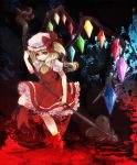  awa_toka bad_id blonde_hair blood dress flandre_scarlet hat laevatein red_dress red_eyes ribbon shoes side_ponytail smile solo the_embodiment_of_scarlet_devil touhou weapon wings 