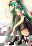  ablaze aqua_eyes bad_id checkered checkered_floor green_hair hatsune_miku headphones high_heels leg_hug long_hair shoes sitting solo thigh-highs thighhighs twintails very_long_hair vocaloid 