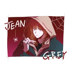  1girl border bug chung_chi_ouo english_text gradient_background green_eyes highres hood hood_up hoodie jacket jean_grey jewelry layered_clothes long_hair long_sleeves looking_at_viewer marvel orange_hair red_background ring serious silk spider spider-man:_brand_new_day spider-man_(series) spider_web upper_body white_background x-men 