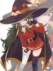  1girl asymmetrical_legwear bandaged_leg bandages belt belt_buckle black_belt black_cape black_gloves blush breasts buckle cape choker collar collarbone commentary cosplay dress fingerless_gloves gloves green_eyes green_hair hat head_tilt highres hiyajou_maho kono_subarashii_sekai_ni_shukufuku_wo! long_hair long_sleeves megumin megumin_(cosplay) mismatched_legwear open_mouth oversized_hat red_dress science_adventure single_thighhigh steins;gate thigh-highs untranslatable_commentary white_background witch_hat yukiooromi zoom_layer 