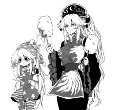  2girls american_flag american_flag_dress american_flag_print breasts chinese_clothes closed_mouth clownpiece commentary_request cotton_candy crescent_print dalachi_(headdress) dress fairy fairy_wings flag_print food frilled_sleeves frills hair_between_eyes hat height_difference highres holding holding_cotton_candy holding_food holding_torch jester_cap junko_(touhou) kikoka_(mizuumi) long_hair long_sleeves medium_breasts multiple_girls neck_ruff pantyhose polka_dot_headwear short_sleeves small_breasts star_(symbol) star_print striped_clothes striped_dress striped_pantyhose tabard torch touhou very_long_hair wide_sleeves wings 
