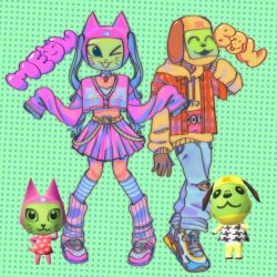  1boy 1girl :3 animal_crossing belt bow_(animal_crossing) buckle cardigan cat_girl character_name denim dog_boy facial_mark green_background heart heart-shaped_buckle humanization humanoid_and_humanization jacket jeans jewelry loose_socks meow_(animal_crossing) monitor_head necklace ollisuu one_eye_closed pants pink_cardigan pink_skirt plaid_clothes plaid_jacket polka_dot polka_dot_background reference_inset robot screen skirt socks star_(symbol) star_necklace torn_clothes torn_jeans torn_pants whisker_markings y2k_fashion 