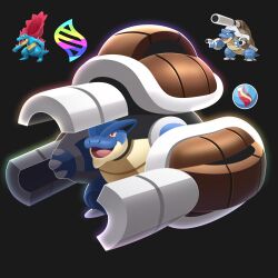  black_background blastoise bright_pupils commentary english_commentary fakemon feraligatr full_body fusion glowing_shark highres mega_blastoise mega_evolution_symbol mega_feraligatr mega_pokemon mega_stone no_humans nostrils official_art_inset open_mouth pokemon pokemon_(creature) pokemon_focus red_eyes reference_inset simple_background smile solo white_pupils 