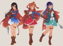  3girls :o adapted_costume aijo_karen arm_cutout ascot badge belt black_hair blossom_bright_(dagger) blue_eyes blue_jacket blue_skirt blunt_bangs boots brown_belt brown_boots brown_corset brown_eyes brown_gloves brown_hair cape closed_mouth clothing_cutout commentary corset cosplay criss-cross_strings crossed_legs crown dagger dopingues english_commentary fingerless_gloves frilled_skirt frills full_body gloves green_jacket green_skirt hand_on_own_chest hand_on_own_hip hand_up highres holding holding_mace holding_sword holding_weapon invisible_floor jacket kagura_hikari knife lapels layered_skirt lineup long_hair long_sleeves looking_at_another looking_at_viewer looking_to_the_side love_judgement_(mace) mace mini_crown mr._white_(revue_starlight) multiple_girls notched_lapels open_clothes open_jacket open_mouth outstretched_arm parted_bangs possibility_of_puberty_(sword) purple_hair red_cape red_skirt rope shirt short_hair shoujo_kageki_revue_starlight shoujo_kageki_revue_starlight_-re_live- sidelocks simple_background skirt smile sparkle_hair_ornament standing star_(symbol) string stuffed_animal stuffed_toy sword teddy_bear thigh_belt thigh_strap tilted_headwear tsuyuzaki_mahiru two-tone_skirt two_side_up v-shaped_eyebrows violet_eyes watson_cross weapon white_ascot white_shirt white_skirt yellow_background 