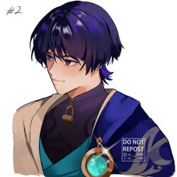  1boy anemo_symbol_(genshin_impact) aqua_gem bishounen black_bodysuit black_hair blue_cape blue_eyes blue_kimono blunt_ends bodysuit cape closed_mouth commentary eyelashes gem genshin_impact glint gold highres instagram_logo instagram_username japanese_clothes juban kimono light_smile looking_to_the_side male_focus mandarin_collar multicolored_hair nadiarahayu numbered open_clothes open_kimono portrait purple_hair scaramouche_(genshin_impact) side_cape solo streaked_hair tsurime twitter_username twitter_x_logo untranslatable_commentary wanderer_(genshin_impact) watermark white_background white_kimono white_trim wispy_bangs wolf_cut 