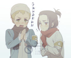  1boy 1girl armband beanie blonde_hair blush brown_eyes brown_hair brown_scarf cold commentary_request crossed_arms emblem falco_grice gabi_braun green_eyes hat highres motion_lines open_mouth ponytail red_scarf rubbing_hands_together scarf shingeki_no_kyojin short_ponytail trembling twitter_username watermark white_hat wolf_ggwin 